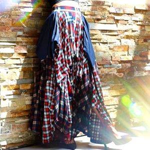 Boho Blue & Red Plaid Multicolor Tov The Damsel`s Asymmetrical Maxi Skirt